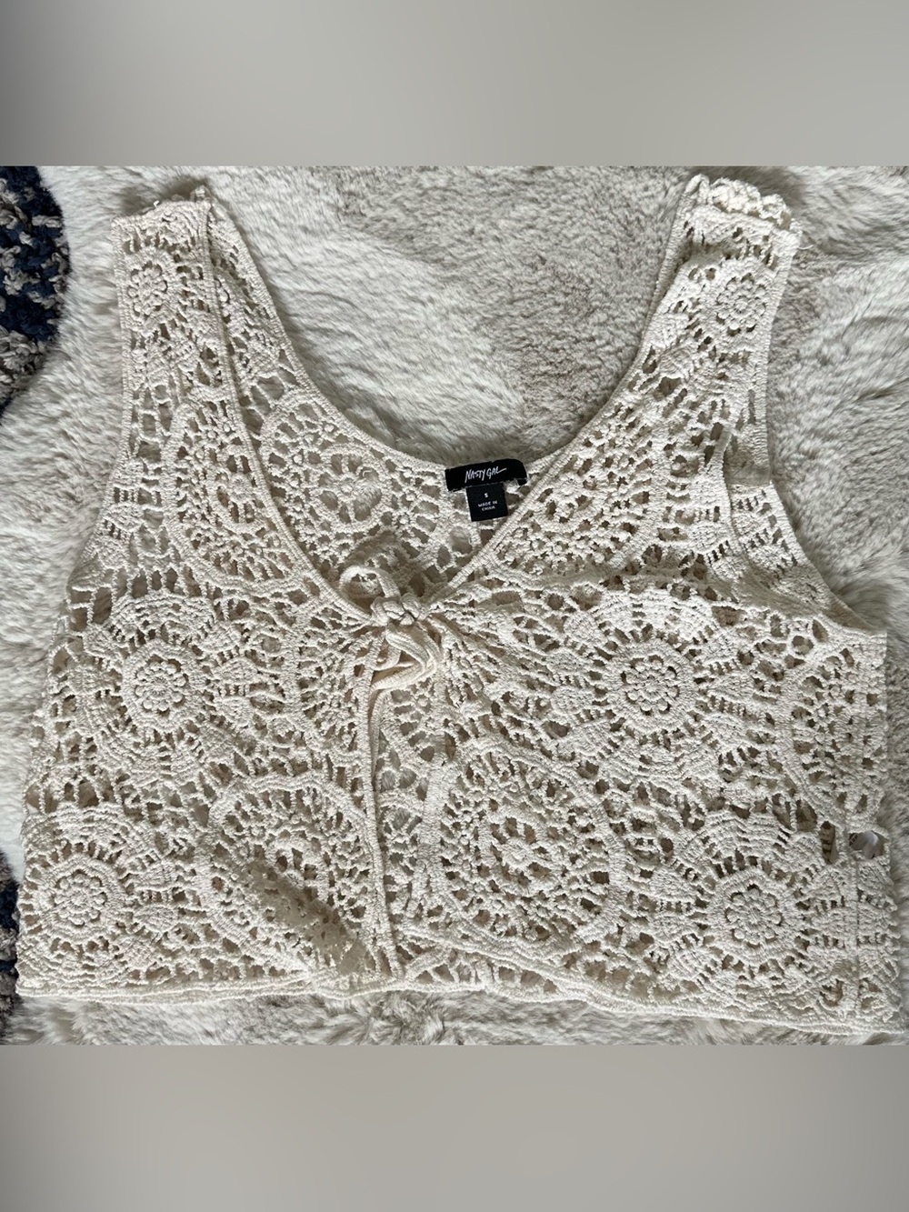 Nasty Gal Cream Crochet Tie-Front Crop Top